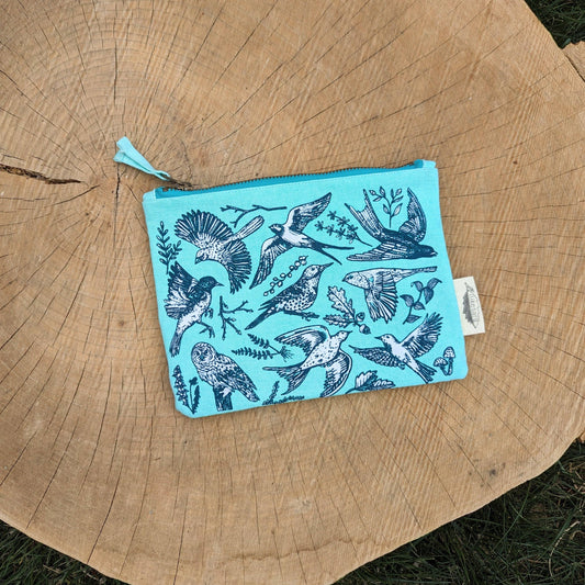 ilikesara | art + goods - Zippered pouch | birds - blue pencil, supply, makeup bag with waterproof lining