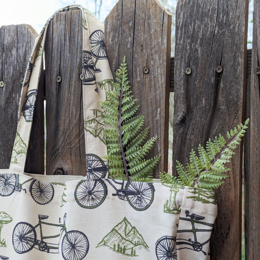 bicycle adventure - patterned screenprinted nature tote
