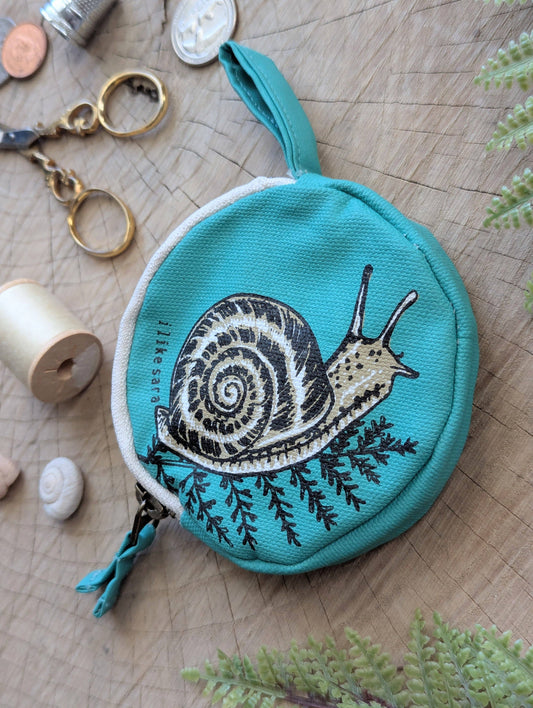ilikesara | art + goods - Coin pouch | snail - teal zipper bag with waterproof lining