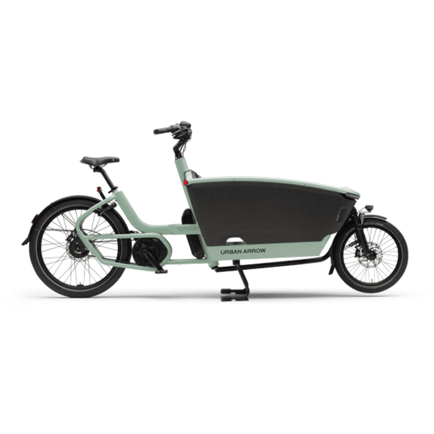 Green cargo bike with black seat on a white background