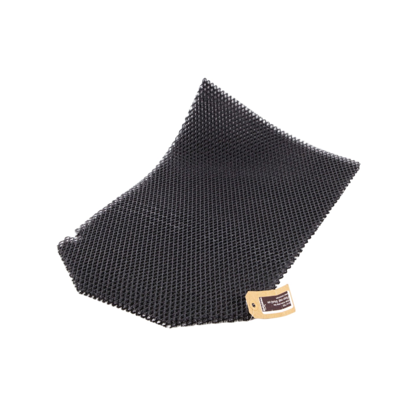 Black woven mat with a gold tag on a white background