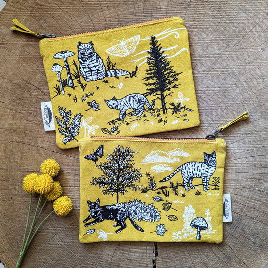 ilikesara | art + goods - Zippered pouch | outside cats - yellow nature kitty pencil, supply, makeup bag with waterproof lining