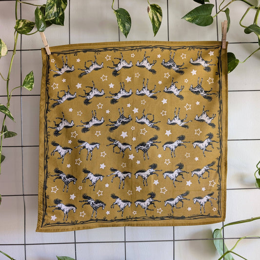 ilikesara | art + goods - Bandana | wild horses - dark goldenrod & pale pink cotton scarf