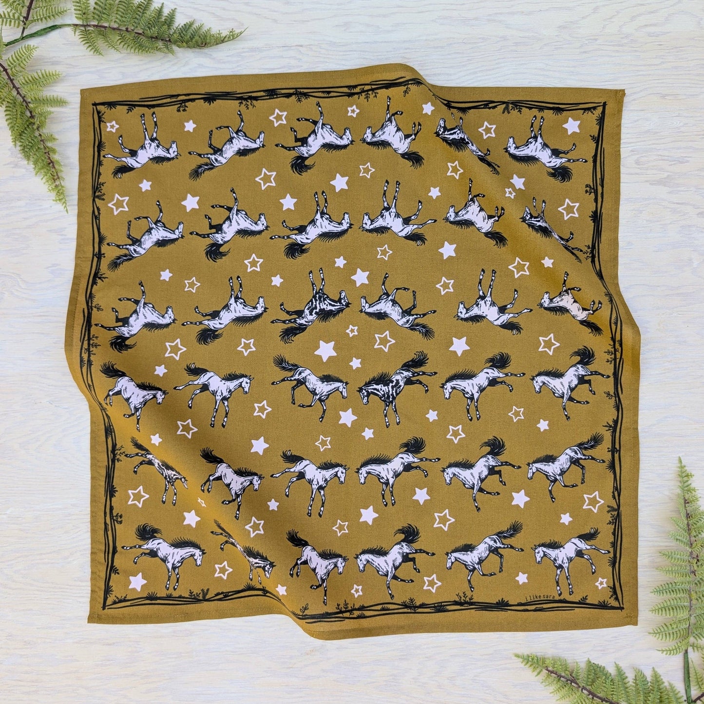ilikesara | art + goods - Bandana | wild horses - dark goldenrod & pale pink cotton scarf