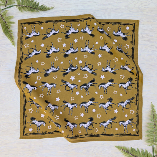 ilikesara | art + goods - Bandana | wild horses - dark goldenrod & pale pink cotton scarf