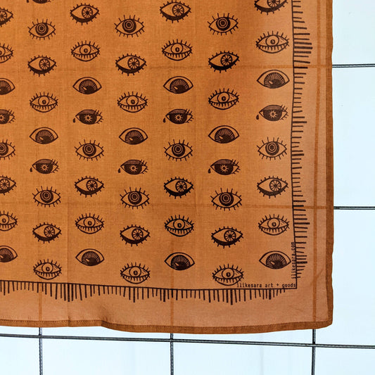 ilikesara | art + goods - Bandana | eyeball - orange & brown folky blockprint eye scarf neckerchief