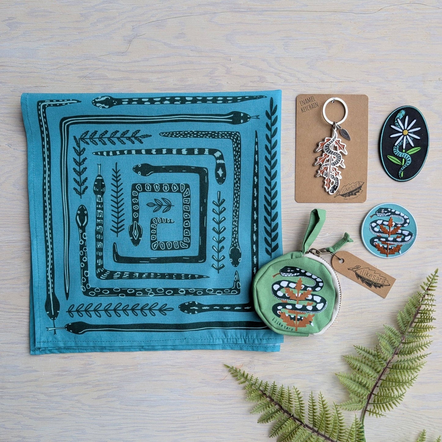ilikesara | art + goods - Bandana | serpent path - teal turquoise snake botanical scarf