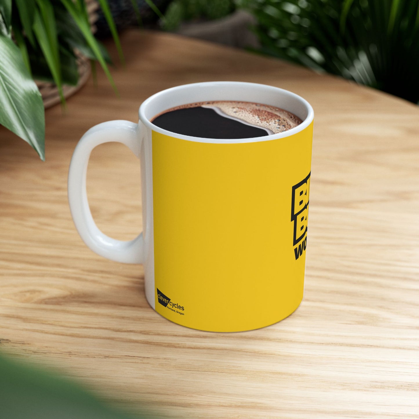 Bike Bus World Ceramic Mug — Yellow Logo Coffee Cup (11oz, 15oz)