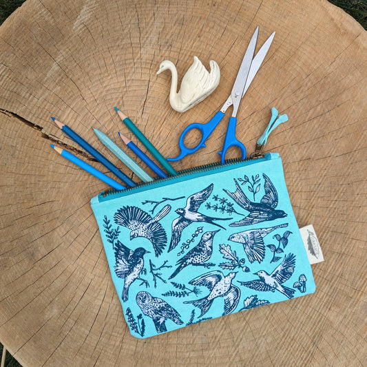 ilikesara | art + goods - Zippered pouch | birds - blue pencil, supply, makeup bag with waterproof lining