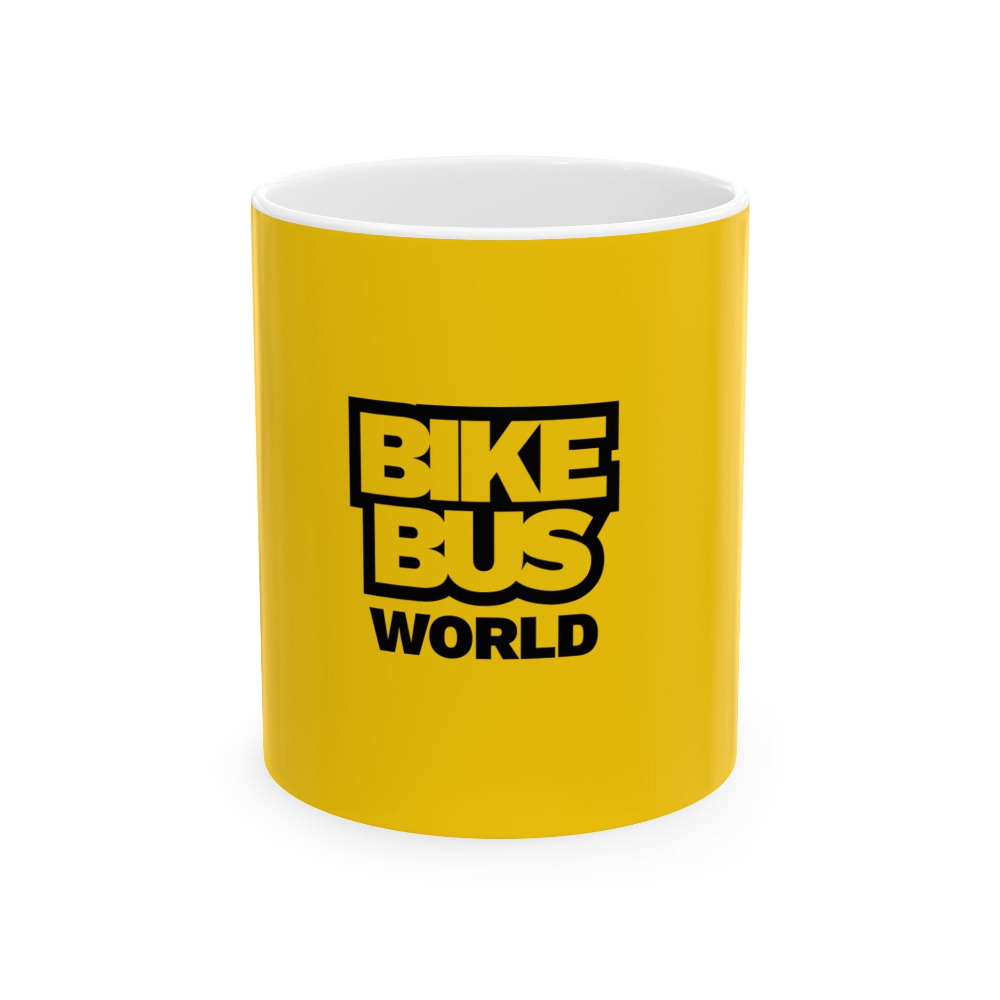 Bike Bus World Ceramic Mug — Yellow Logo Coffee Cup (11oz, 15oz)