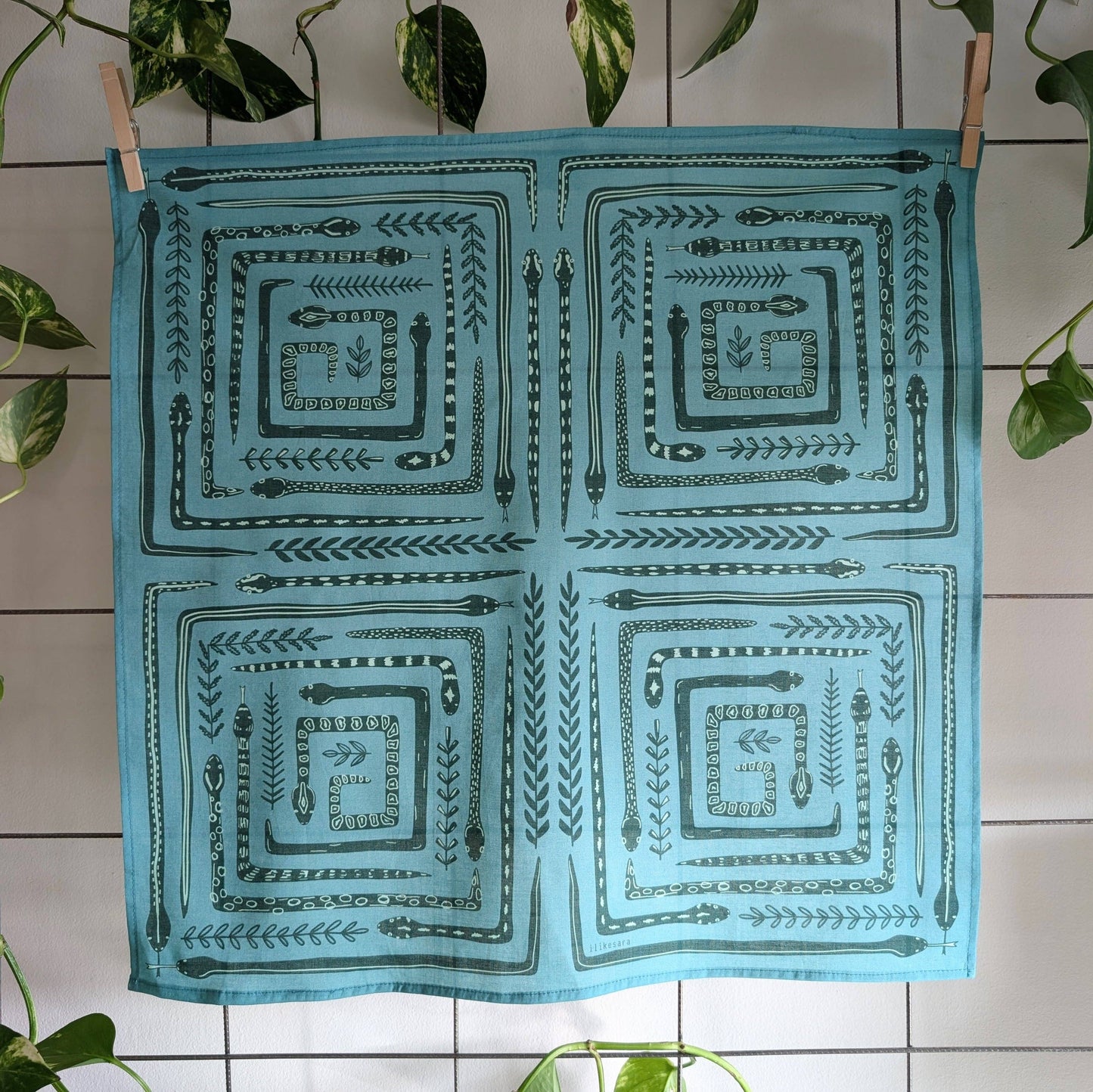 ilikesara | art + goods - Bandana | serpent path - teal turquoise snake botanical scarf