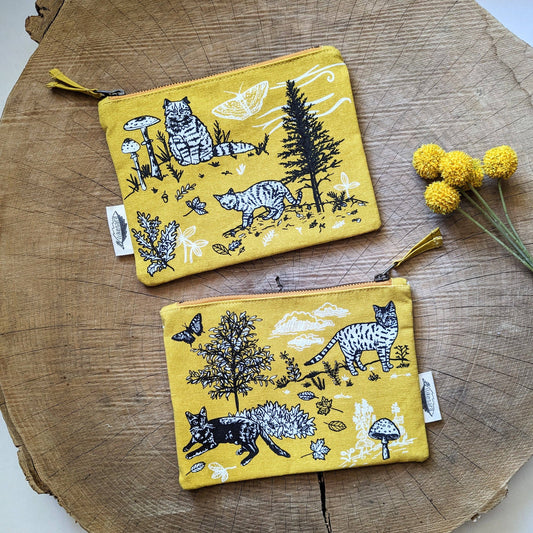 ilikesara | art + goods - Zippered pouch | outside cats - yellow nature kitty pencil, supply, makeup bag with waterproof lining