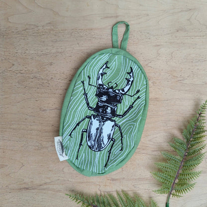ilikesara | art + goods - Zippered pouch | stag beetle - green insect/bug pencil, supply, makeup bag with waterproof lining