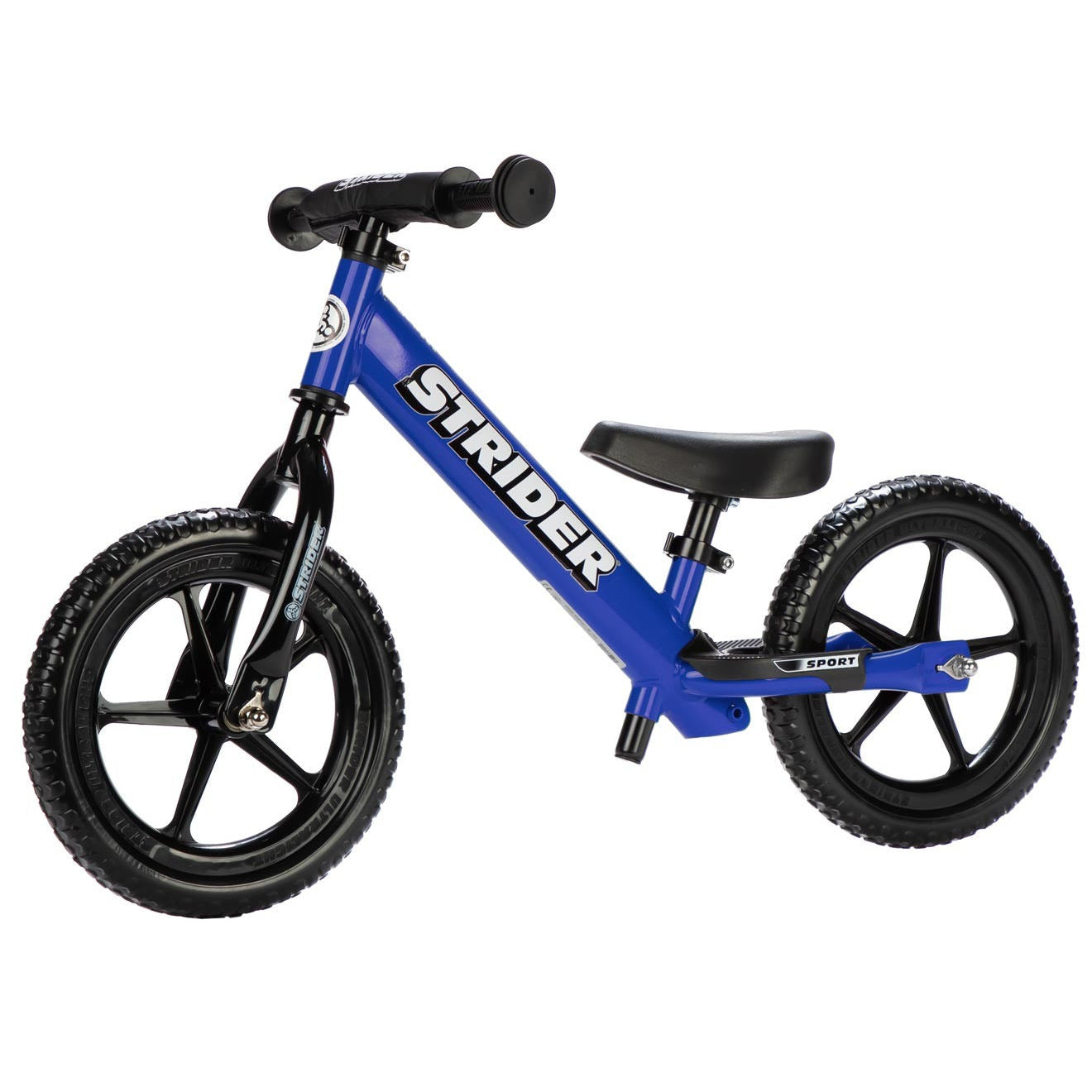 Blue Strider balance bike on a white background