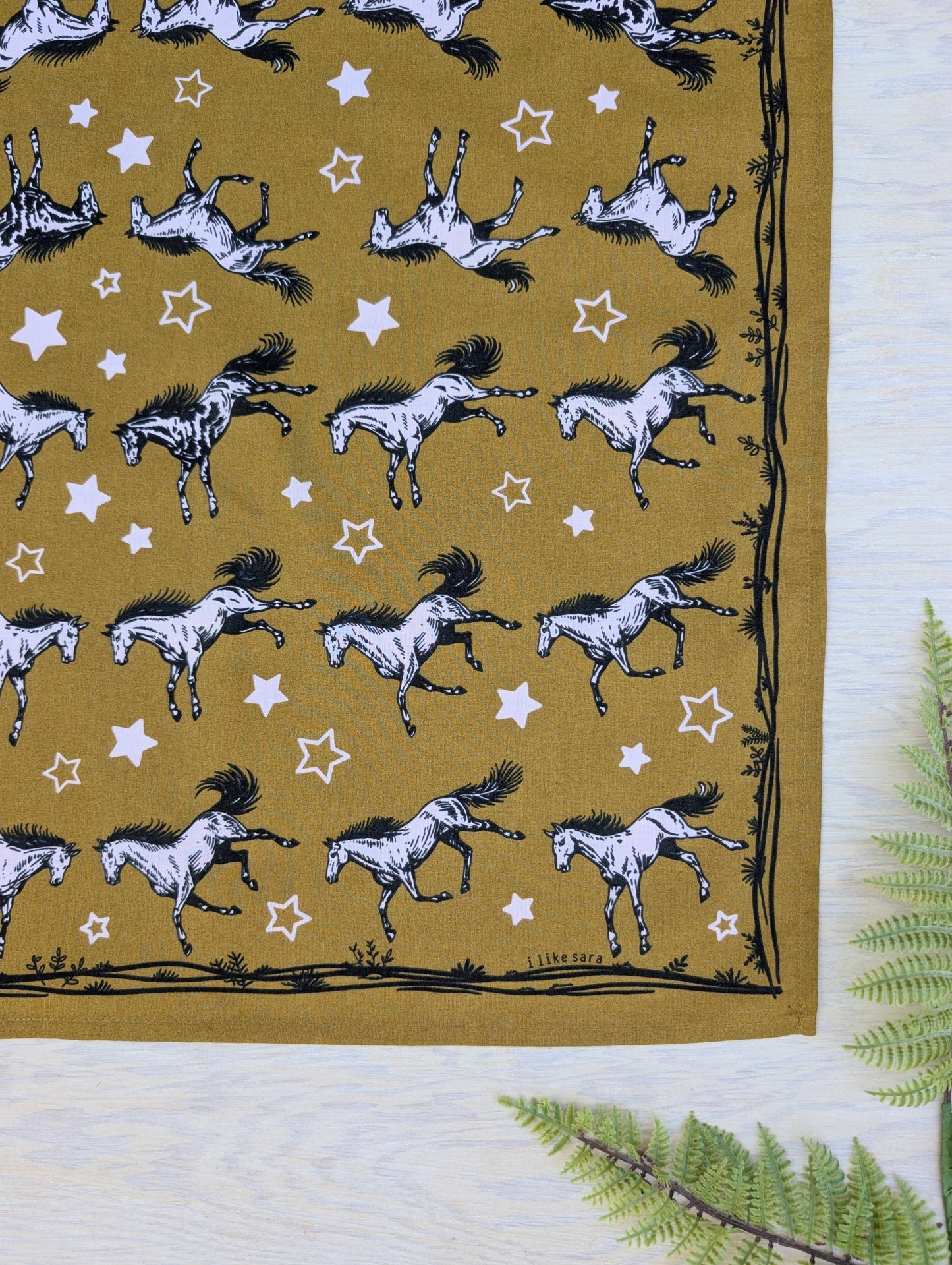 ilikesara | art + goods - Bandana | wild horses - dark goldenrod & pale pink cotton scarf
