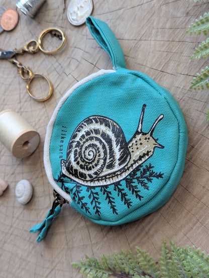 ilikesara | art + goods - Coin pouch | snail - teal zipper bag with waterproof lining