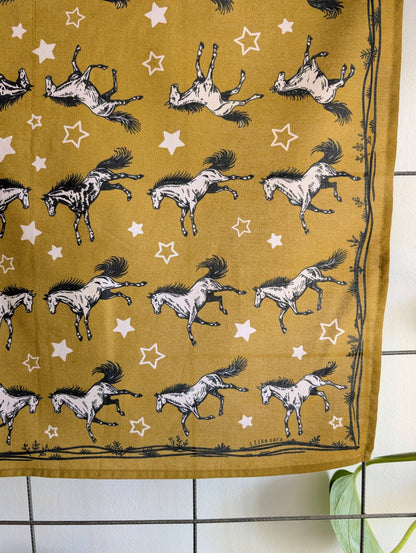 ilikesara | art + goods - Bandana | wild horses - dark goldenrod & pale pink cotton scarf