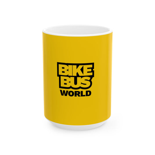 Bike Bus World Ceramic Mug — Yellow Logo Coffee Cup (11oz, 15oz)