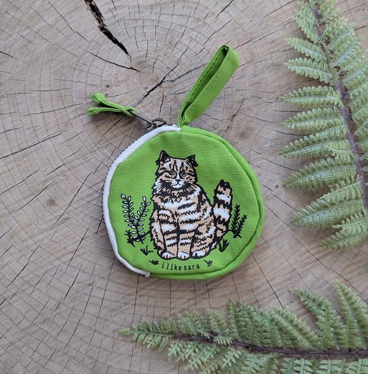 ilikesara | art + goods - Coin pouch | cat - green zipper bag with waterproof lining