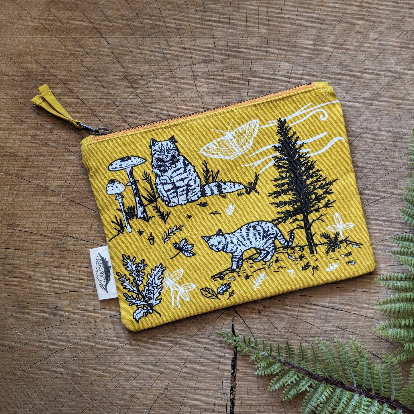 ilikesara | art + goods - Zippered pouch | outside cats - yellow nature kitty pencil, supply, makeup bag with waterproof lining