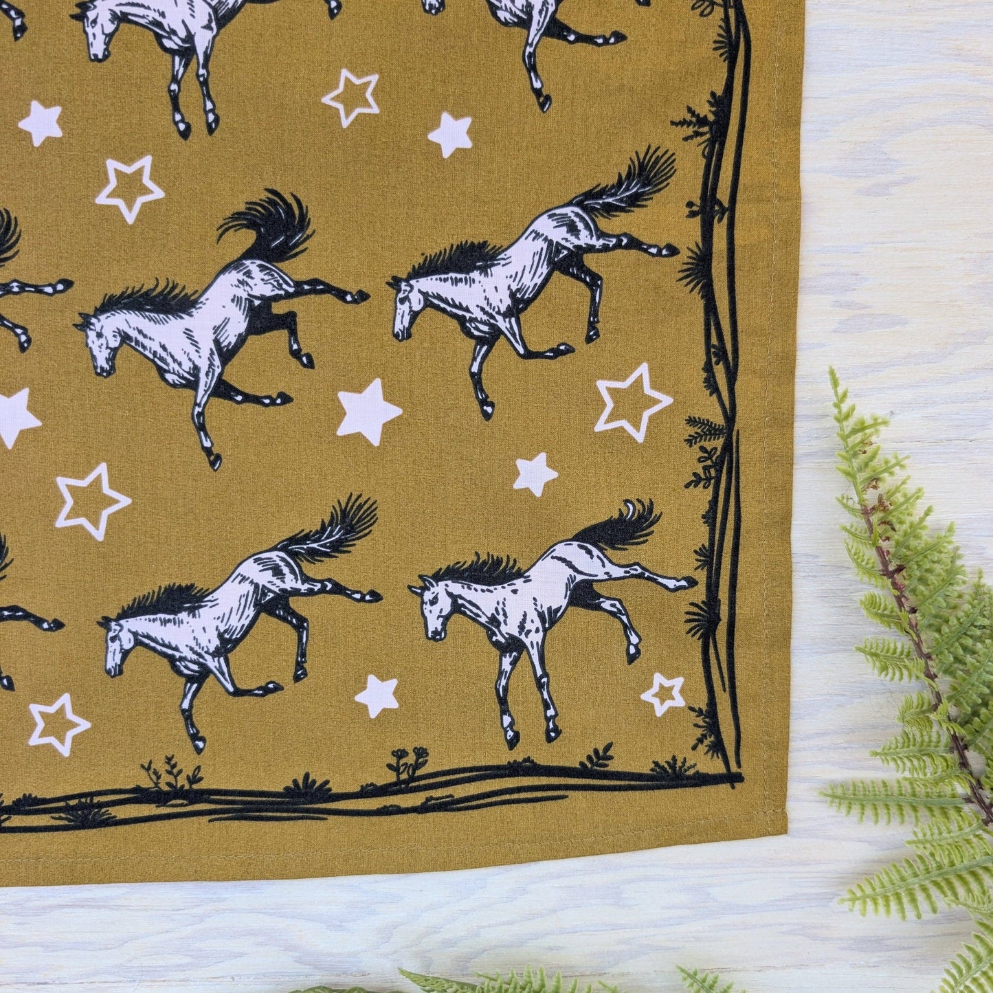 ilikesara | art + goods - Bandana | wild horses - dark goldenrod & pale pink cotton scarf