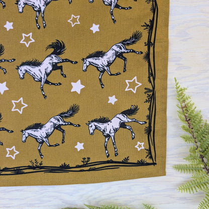 ilikesara | art + goods - Bandana | wild horses - dark goldenrod & pale pink cotton scarf