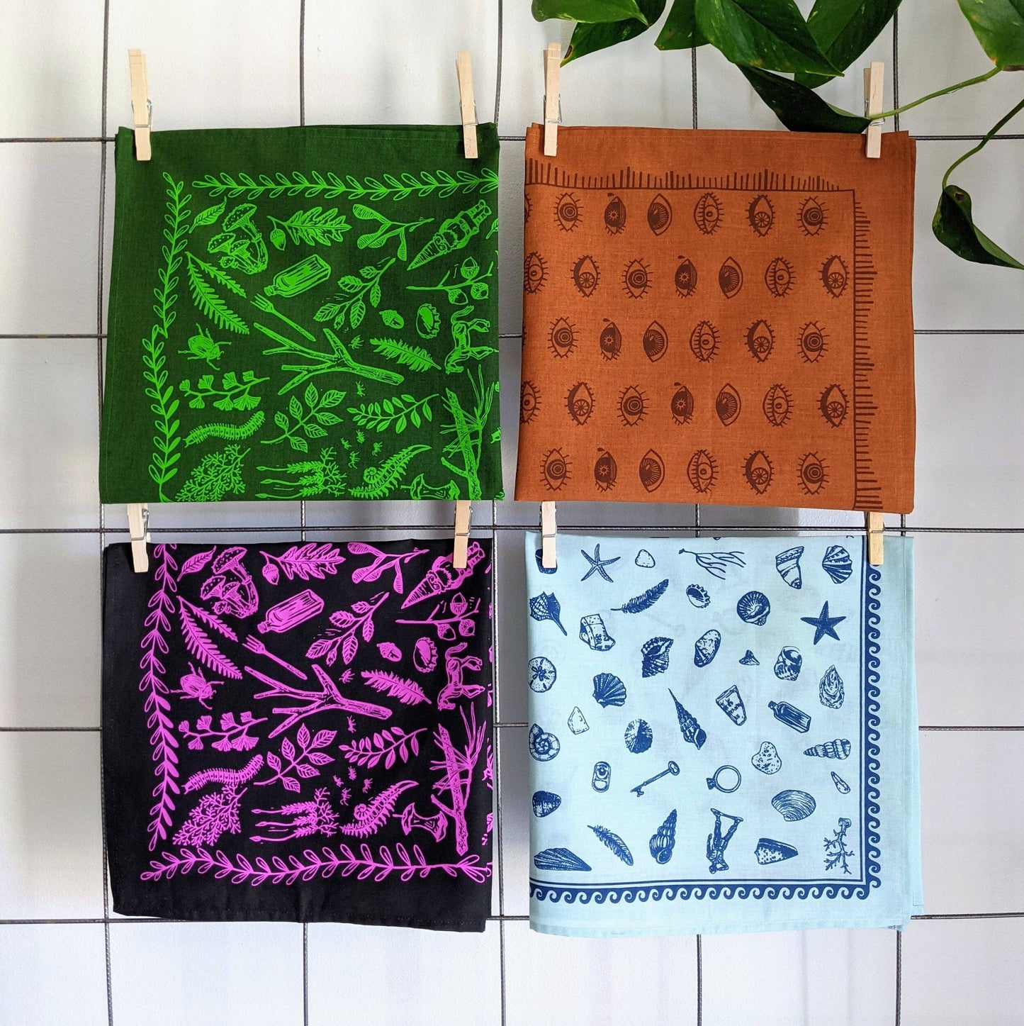 ilikesara | art + goods - Bandana | eyeball - orange & brown folky blockprint eye scarf neckerchief