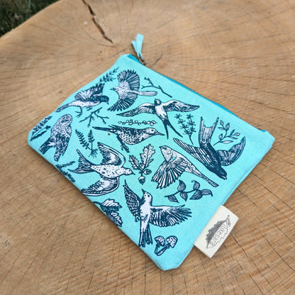 ilikesara | art + goods - Zippered pouch | birds - blue pencil, supply, makeup bag with waterproof lining