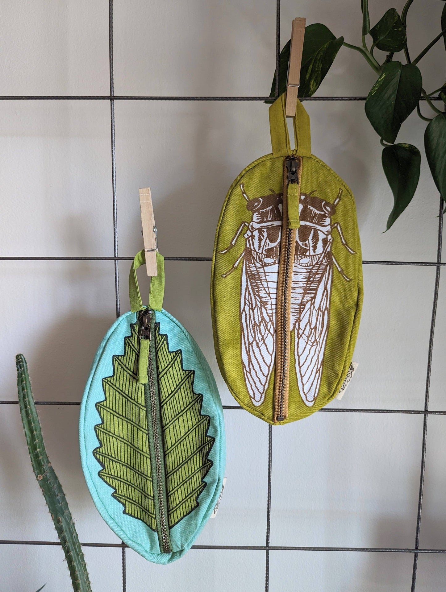 ilikesara | art + goods - Zippered pouch | cicada - yellow & brown bug/insect pencil, supply, makeup bag with waterproof lining