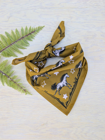 ilikesara | art + goods - Bandana | wild horses - dark goldenrod & pale pink cotton scarf