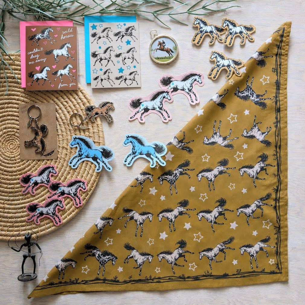 ilikesara | art + goods - Bandana | wild horses - dark goldenrod & pale pink cotton scarf