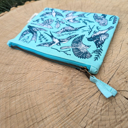 ilikesara | art + goods - Zippered pouch | birds - blue pencil, supply, makeup bag with waterproof lining