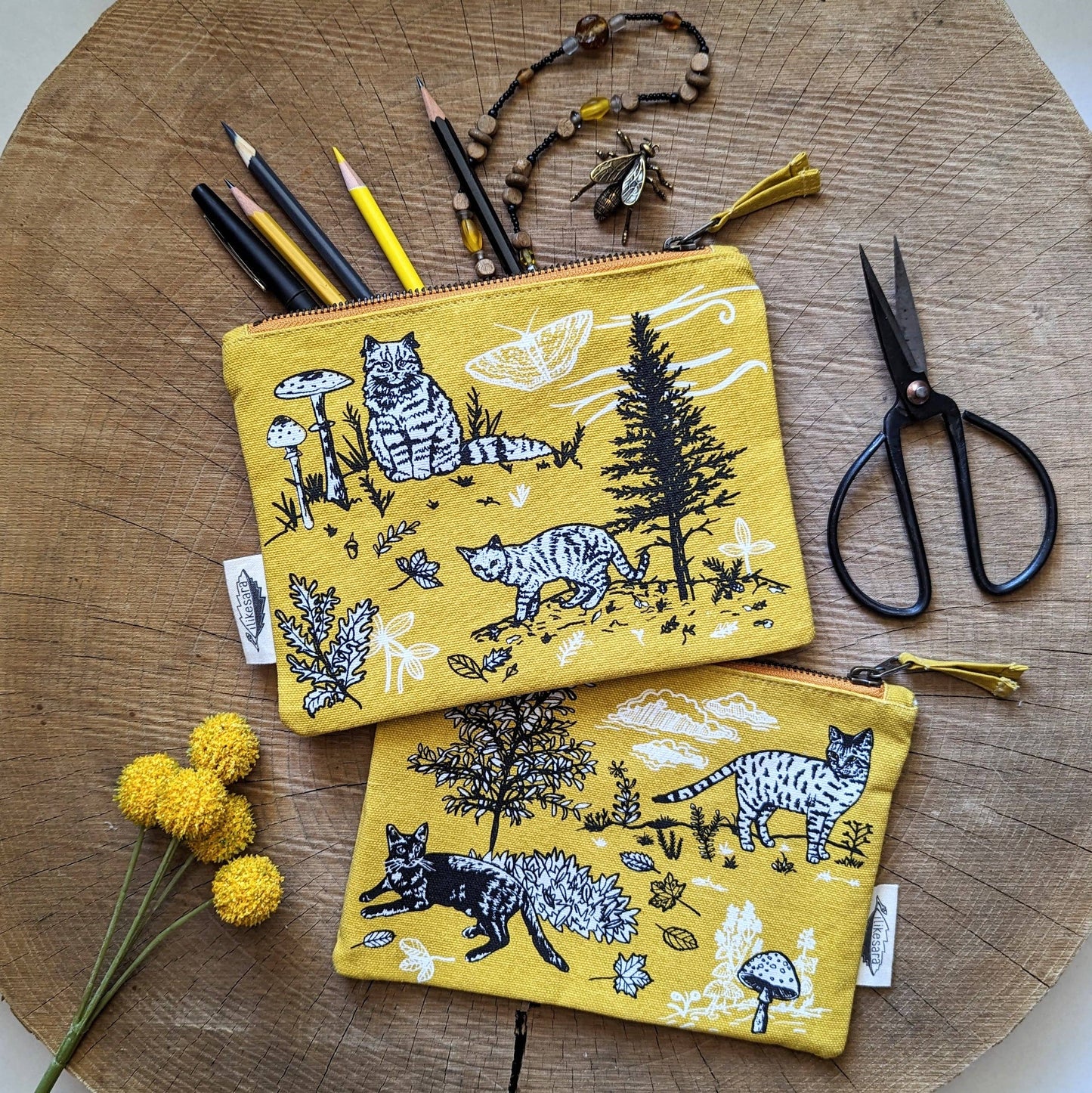 ilikesara | art + goods - Zippered pouch | outside cats - yellow nature kitty pencil, supply, makeup bag with waterproof lining