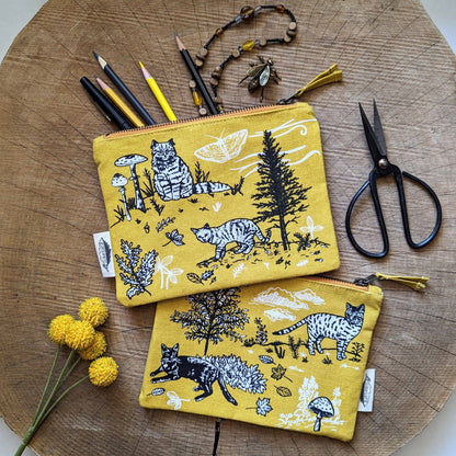 ilikesara | art + goods - Zippered pouch | outside cats - yellow nature kitty pencil, supply, makeup bag with waterproof lining