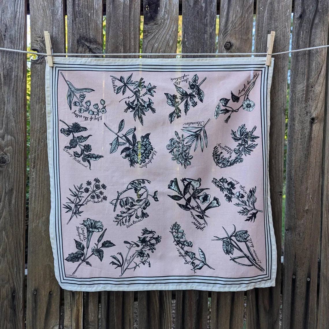 ilikesara | art + goods - Bandana | fatal florals - pink screenprinted poison flower scarf