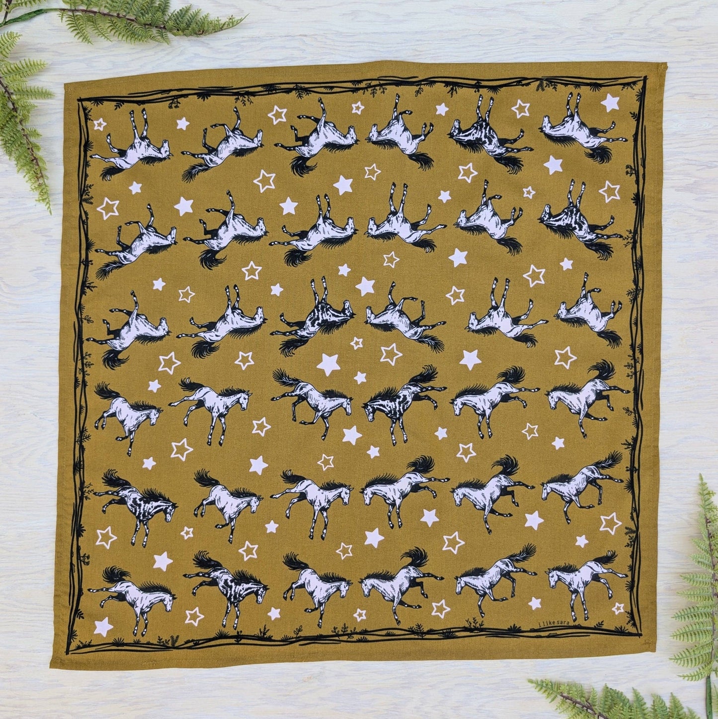 ilikesara | art + goods - Bandana | wild horses - dark goldenrod & pale pink cotton scarf