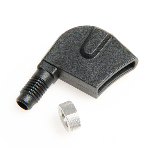 Black plastic fitting with a metal component on a white background