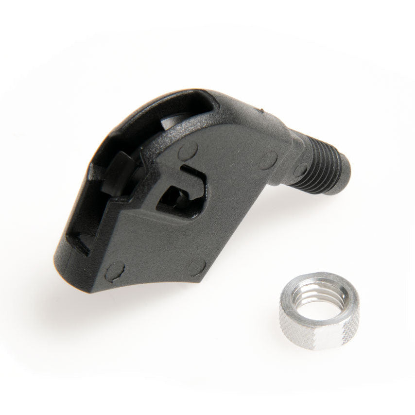 Black mechanical component with a silver screw on a white background