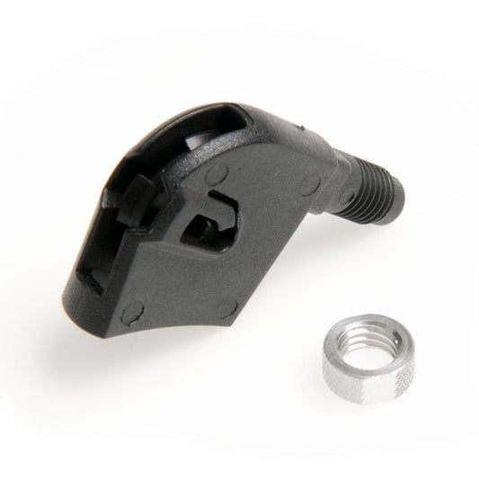 Black mechanical component with a silver screw on a white background