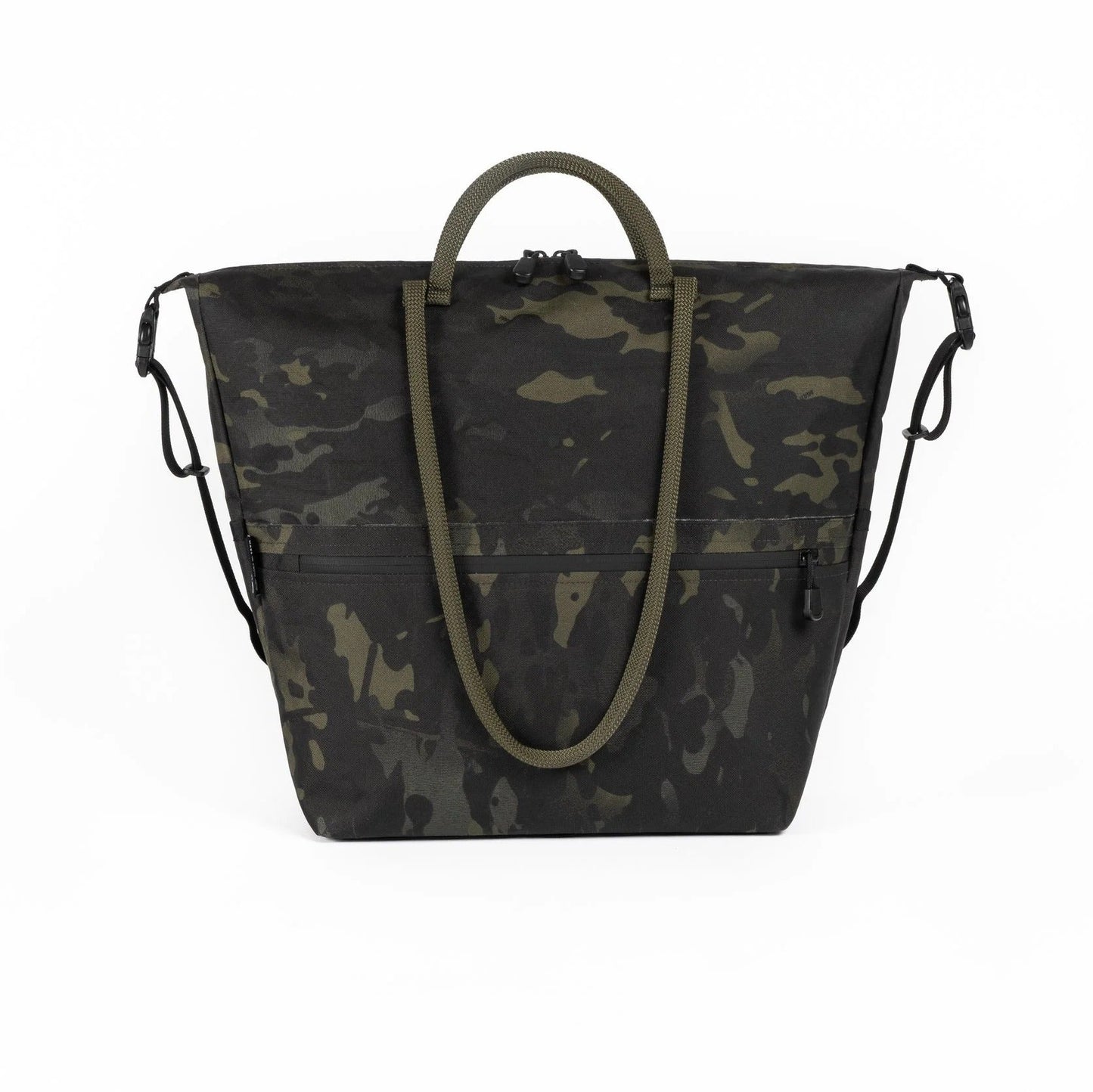 Camouflage-patterned tote bag with green handles on a white background