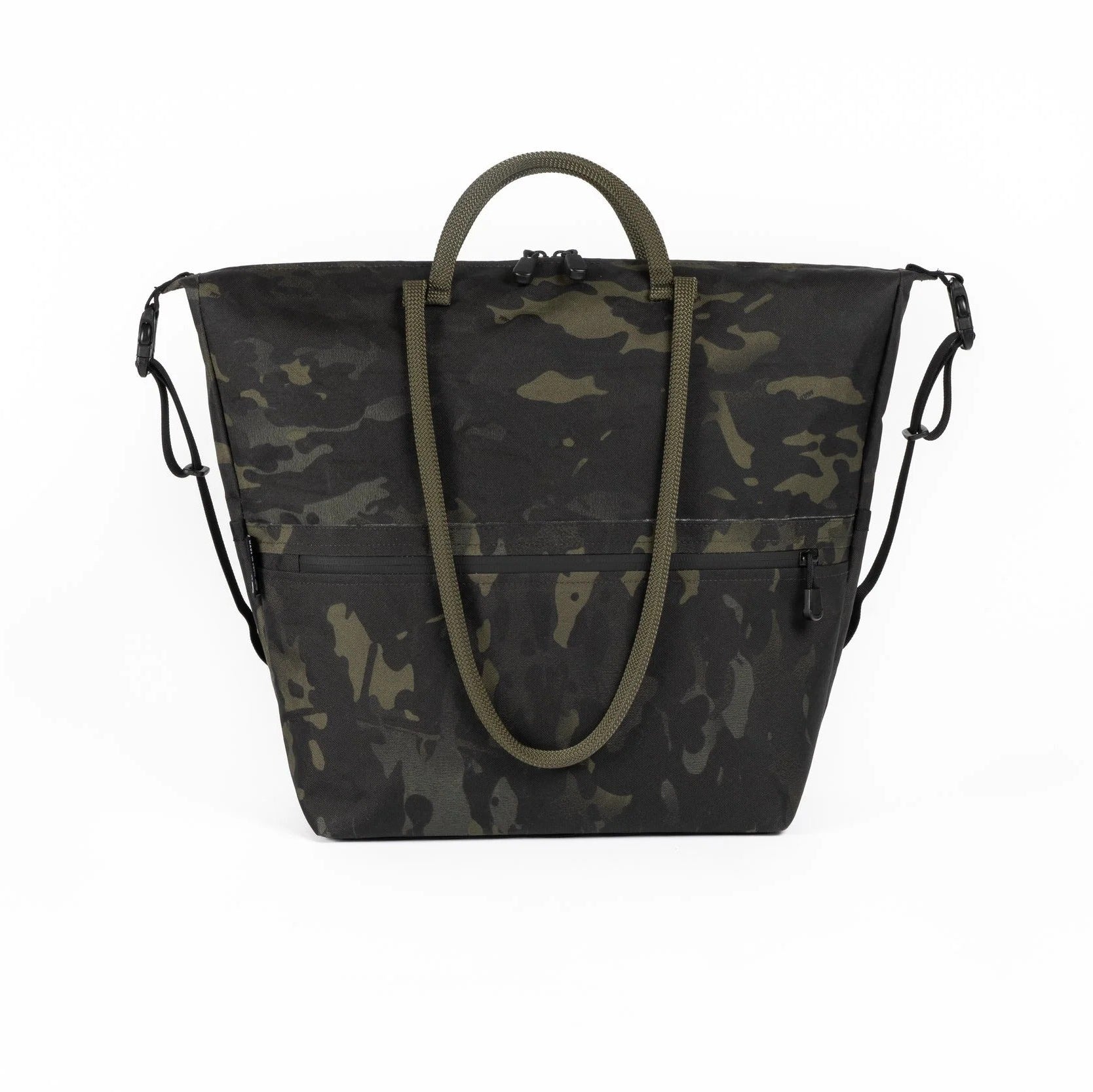 Camouflage-patterned tote bag with green handles on a white background