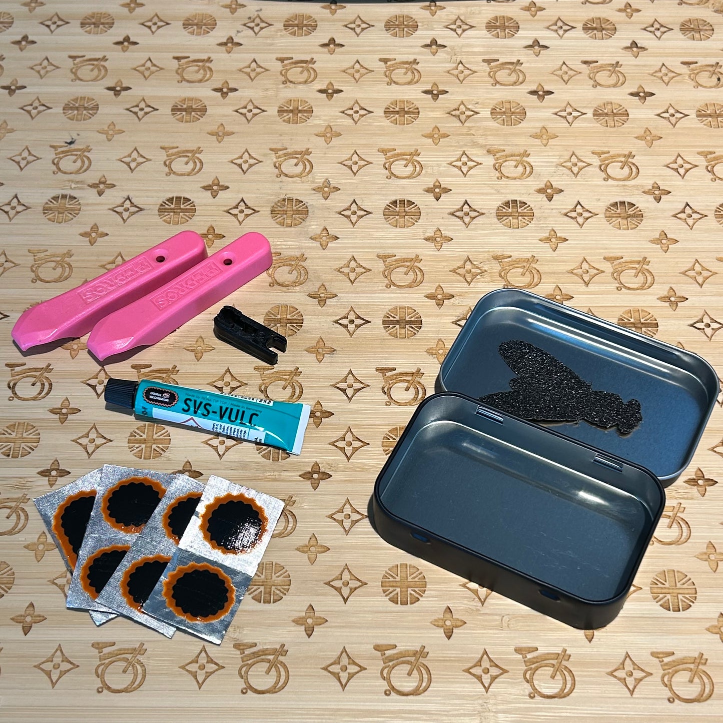 Clever Cycles x Minka Sicklinger Super Fly Patch Kit With Tin & Tire Levers