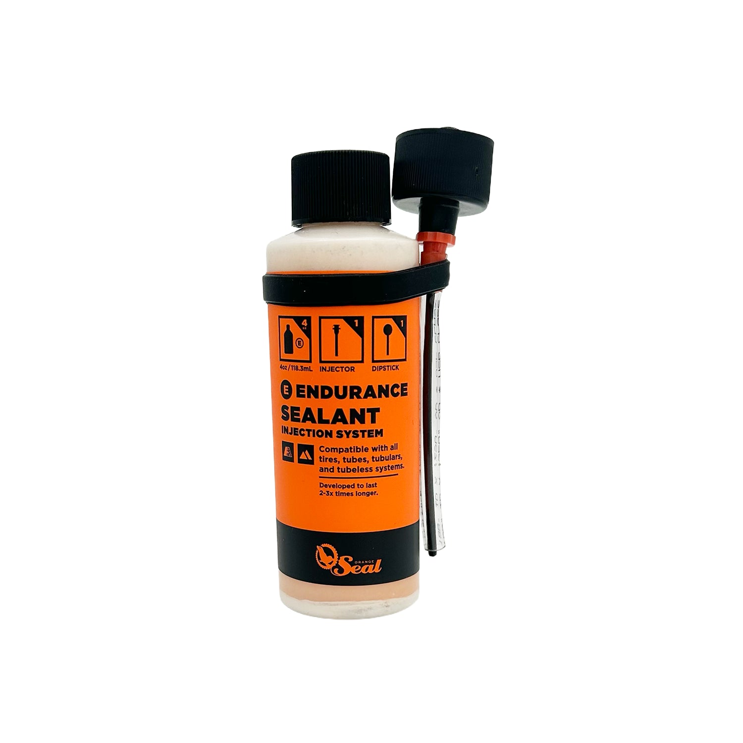 Bicycle sealant bottle with orange label on a white background