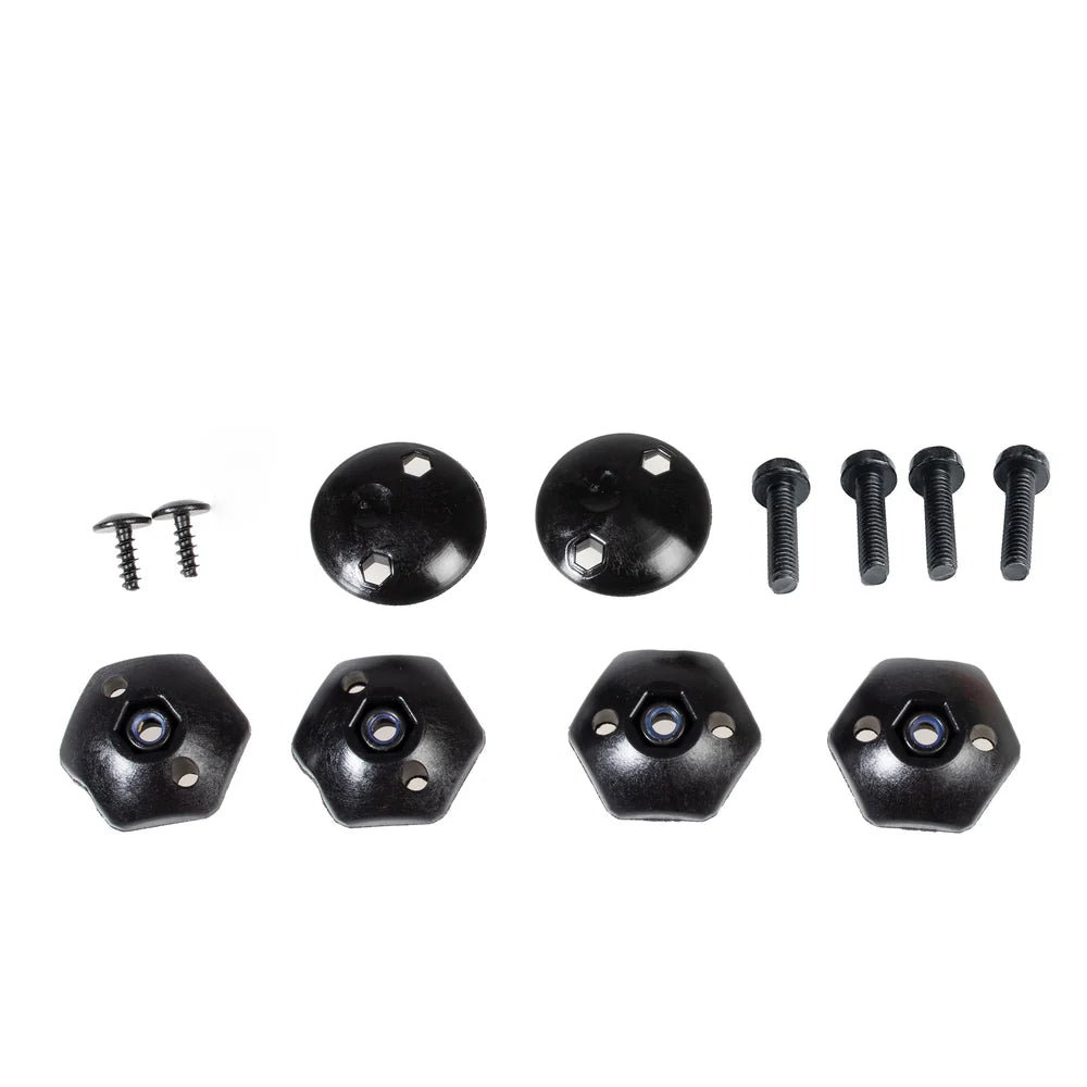 Set of black hexagonal mounting brackets and screws on a white background