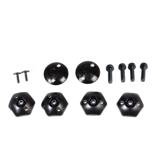 Set of black hexagonal mounting brackets and screws on a white background