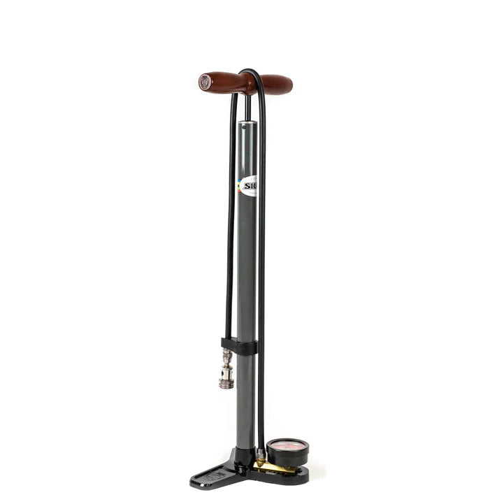 Silca Pista Plus Floor Pump - Steel Body, Ash Wood Handle, 220psi, Classic Press-On Chuck, Black