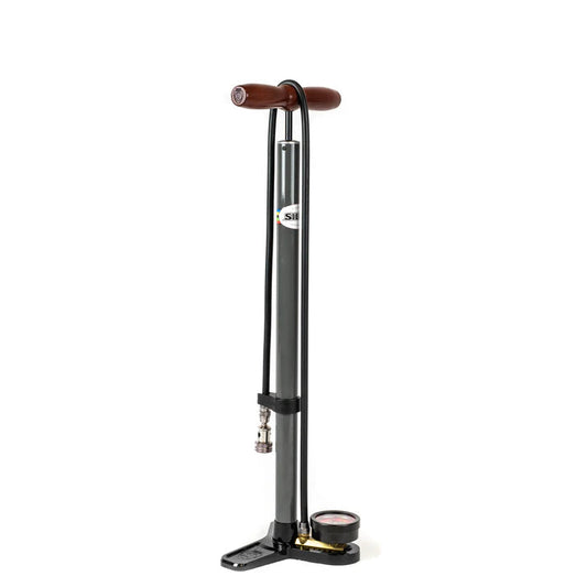 Silca Pista Plus Floor Pump - Steel Body, Ash Wood Handle, 220psi, Classic Press-On Chuck, Black