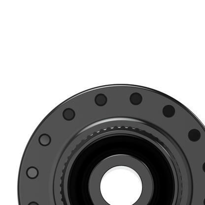 Black mechanical component on a white background