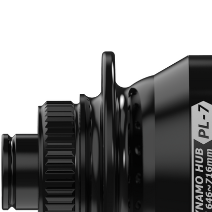Close-up of a bicycle hub with 'NANO HUB PL-7' branding on a white background