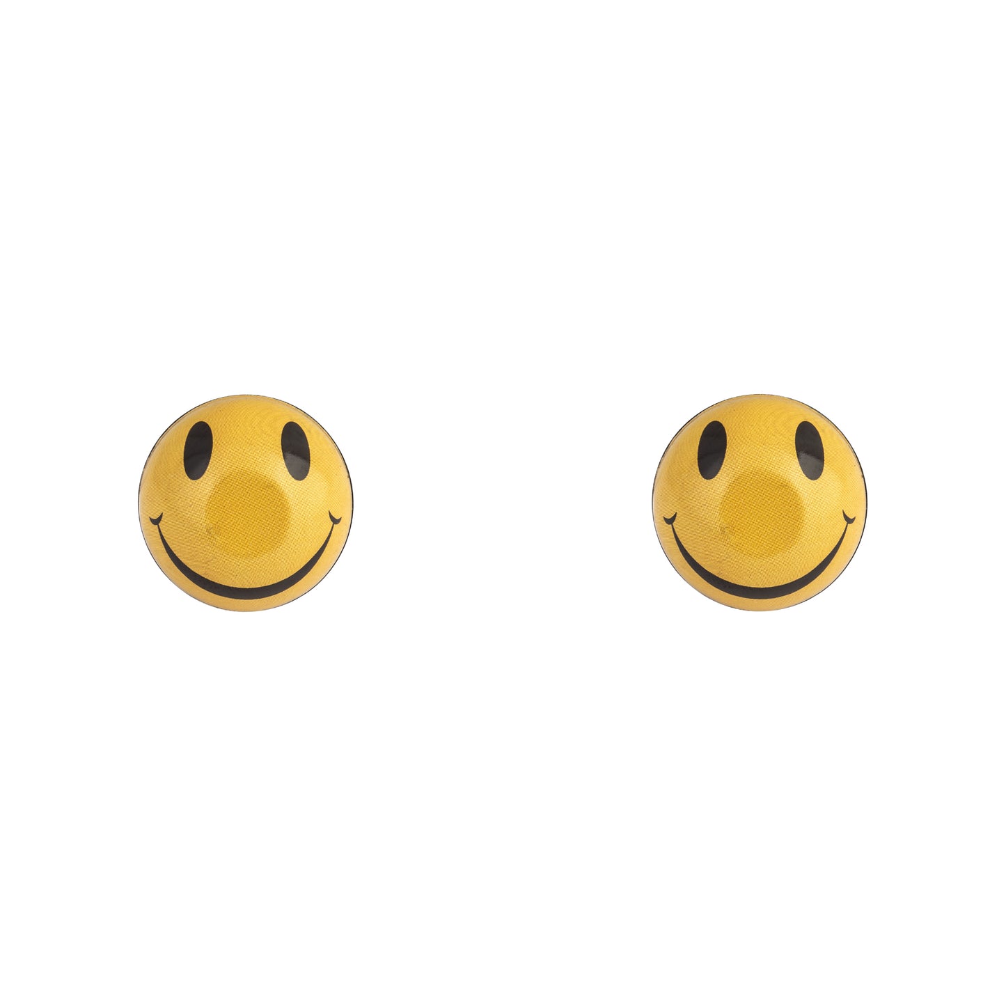 Two yellow smiley face buttons on a white background